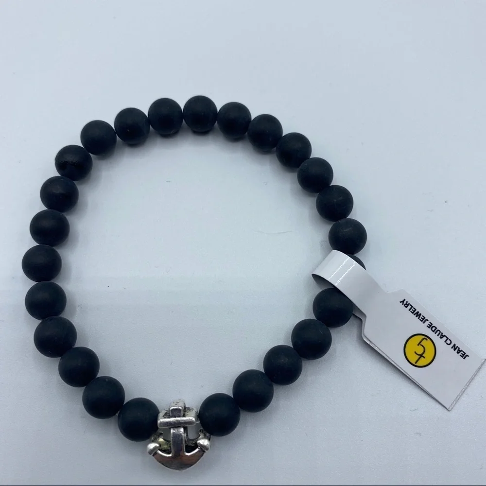 Jean Claude | Black Agate/Silver Anchor Bracelet